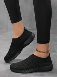 Women's Breathable Knitted Casual Flat Loafers, Easy Slip-On And Comfortable, Black - Black - View 4