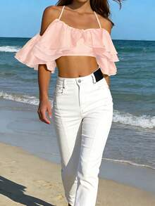 新款时尚优雅休闲假日纯色无肩带修身喇叭袖短袖露脐上衣，夏季