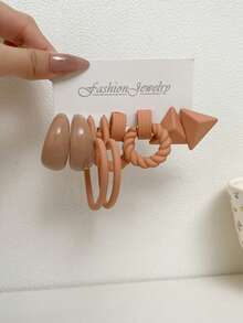 1set 4pairs/set Black Tone Round Twisted Hoop Earrings - Black - View 10