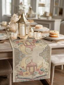 1pc Ramadan Fanoos Moon Pattern Table Runner, Ramadan Home Decor Table Runner, Islamic Home Decor, 1pc Table Runner, 4pcs Placemats, 1pc Cushion Cover, 3 Products Available, Home Decor Indoor/Outdoor Party Supplies, Room Decoration. Suitable For Ramadan Home Kitchen Decor And Ramadan Event Party Decoration - Multicolor - View 3