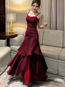 Đầm dạ hội/dự tiệc màu đỏ tía thanh lịch cho ngày Valentine, kiểu dáng cổ điển, thích hợp cho tiệc cưới hoặc dạ hội. - Màu Đỏ Sâu - Xem 7