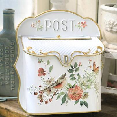 Wall Mount Mailbox For House Outside Vintage Metal Door Mailbox Antique Style Nostalgic Charm Home Decor Garden Vintage English Cottage Decor Flower Patter