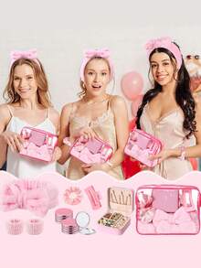 8件套女孩SPA派对礼品套装，粉色睡衣派对用品，包括蝴蝶结发带、腕带、发圈、发夹、首饰盒、化妆包、镜子，适合女性伴娘回礼 - 彩色 - 查看 2