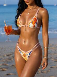 Sultry Sol New Fruit & Ocean Printed Ocean Element Print Women Bikini 2 Pieces Set With Adjustable Straps, For Summer Beach Vacation Sexy Beach Party Casual Outfits - Orange - View 1