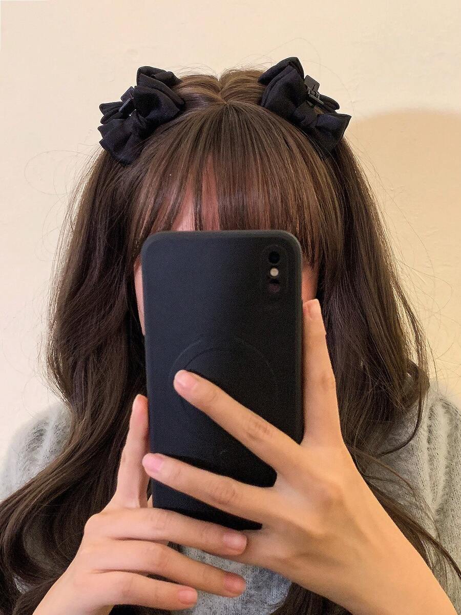 2pcs Women's Hair Accessories - Black Satin Bow Hair Claw, Princess Style Hair Clip, Mini Side Bangs Hair Clip Fashion Claw Clips Casual Hair Clutch Elegant Hair Jaw Clip - Black - View 1