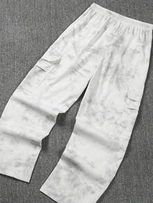 男士休闲时尚街头扎染印花抽绳腰带翻盖口袋工装裤，适合日常通勤 - 白色 - 查看 3
