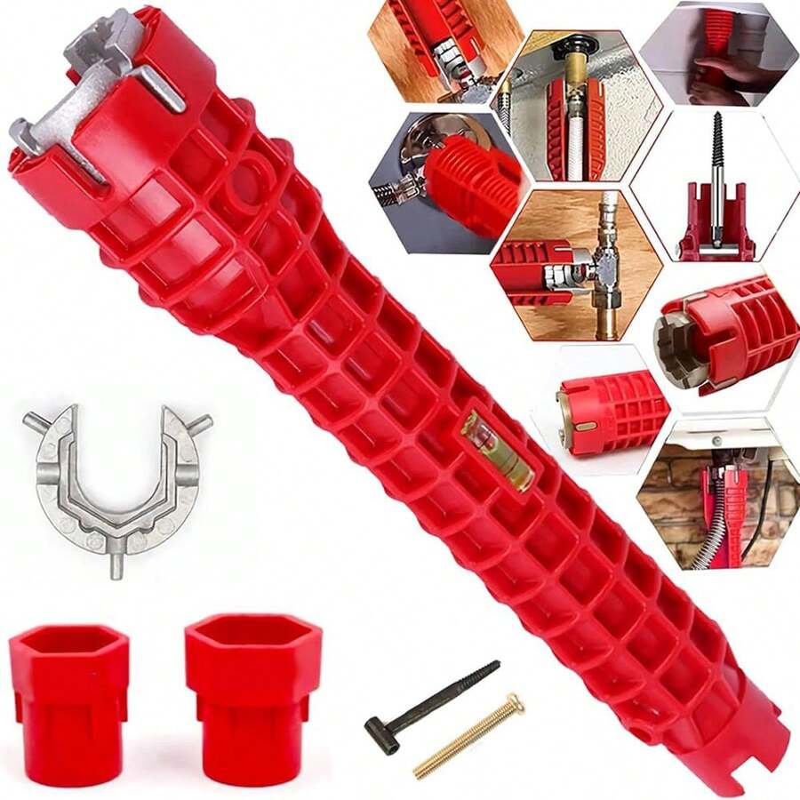 1pc 8-In-1 Multifunctional Kitchen Faucet Sink Wrench, Plumbing Drain Bathtub Nut Remover Tool For Tight Space Installation And Repair - Red - View 1