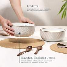 KooK - Ensaladera de cerámica cuencos de cocina grandes en relieve para servir pasta sopa frutas microondas y lavaplatos crema con detalles de cobre oscuro juego de 2 67 onzas colección - Geométrico - Ver 3