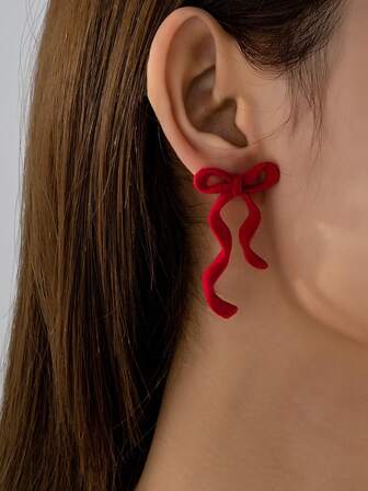 2pcs/Set Classic Red Flocked Bow Earrings, Suitable For Valentine's Day, Mother's Day Gifts, Women's Daily, Party And Formal Occasions