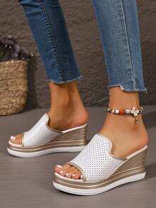 Nuevas sandalias de plataforma y cuña para mujer de verano, pantuflas con suela gruesa y parte superior transpirable, colores contrastantes, adecuadas para uso casual, vacaciones, elegante y uso en la playa - Blanco - Ver 4