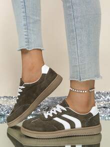 女士时尚休闲运动鞋 | 低帮系带圆头，人造革鞋面，法兰绒内里，PVC鞋底，织物鞋垫，四季皆宜 - 墨綠色 - 查看 4