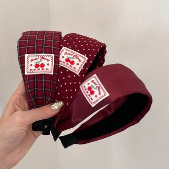 Diadema ancha de estilo retro a cuadros rojos, con diseño de cereza, elegante y dulce, accesorio de cabeza lindo y fresco para niñas al aire libre