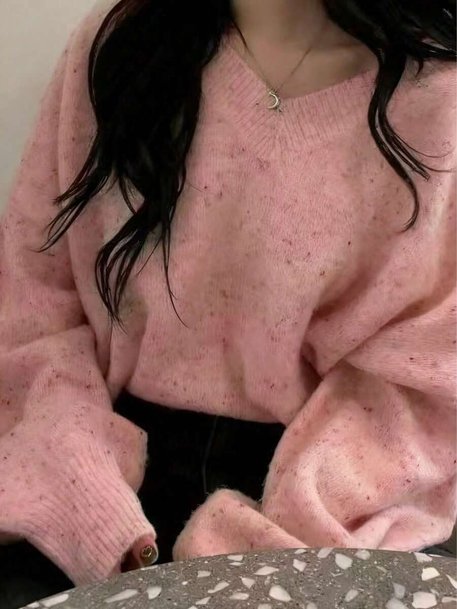 大码女士优雅V领波点针织毛衣,休闲百搭,适合度假、日常、居家、办公,秋冬季粉色 - 粉色 - 查看 1
