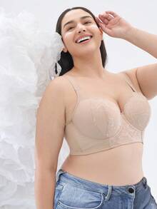 Plus Size Beige Lace Underwire Bra With Supportive Underwire, Comfortable Wide Straps, Lifting And Shaping Design, Breathable For Everyday Wear - Beige - View 7
