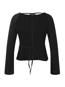 Womens Tie-Up Backless Tops Long Sleeve Boat Neck Slim Fit T-Shirts Spring Fall Blouses - Black - View 5