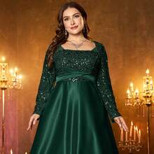 XUIBOL 亮片缎面拼接U领镂空亮片连衣裙，正式优雅大码女士晚礼服（缀饰繁复），适合盛大晚宴、婚礼、毕业典礼、正式晚宴等场合。 - 墨綠色 - 查看 9