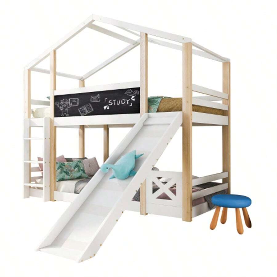 (=517234AAW) Children's Treehouse Bed With Slide & Ladder 90 X 200 Cm, Loft Bed For Children – 2x Slatted Base – Natural & White - White - View 1