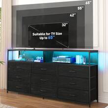 55W TV Stand 9 Drawers Dresser With Open Storage Shelves, Dresser For 55,60 Inch TV With Power Outlets And LED Lights, Fabric Dressers Drawers For Bedroom, Living Room - 查看 4