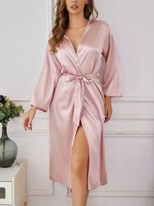 1件女士优雅春夏柔软真丝纯色睡衣，宽松长袖睡袍，透气家居服，适合居家穿着 - 淺粉色 - 查看 6