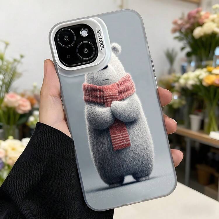 Cubierta de telefono con diseño de oso gris con bufanda rosa para iPhone 14 Pro Max color negro con texto CASETTO ideal para uso diario y regalo,Aplicable a los teléfonos de la serie Apple y Galaxy - Negro - Añade 3