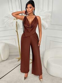 AIJ Bộ jumpsuit gợi cảm Amarilo dành cho nữ, thích hợp cho hẹn hò/tiệc tùng/sự kiện cocktail, mùa thu/đông - Thiết kế dây mảnh, hở lưng, cổ áo, màu trơn. - Cà phê nâu - Xem 5
