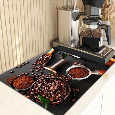 1pc Coffee Pattern Absorbent Draining Mat, Suitable For Kitchen Countertop, Coffee Bar, Coffee Maker, Coffee Pot, Espresso Machine, Can Be Used As Tableware Draining Mat