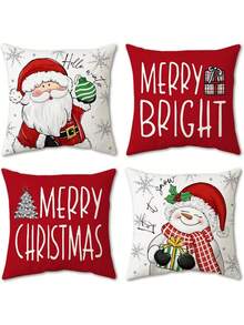 Bộ 4 vỏ gối trang trí Giáng sinh màu đỏ, phong cách trang trại với hình người tuyết, ông già Noel, cây thông Noel và quả cầu, rực rỡ và tràn đầy không khí lễ hội. Chào đón mùa đông! Thích hợp sử dụng trong nhà và ngoài trời, có thể dùng cho ghế sofa phòng khách và trang trí nhà cửa. Thiết kế một mặt, không bao gồm ruột gối. - Đỏ và trắng - Xem 6