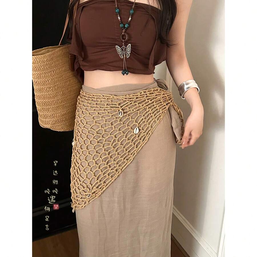 1 Pc Vintage  Hand Woven Triangular Scarf  Layered Waist Accessory - Khaki - View 1