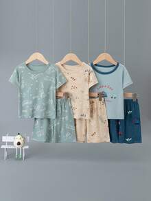 6pcs/Set Boys' Cartoon Dinosaur & Car Print Short Sleeve Shorts Pajama Set, Lightweight Home Clothes - Multicolor - View 1