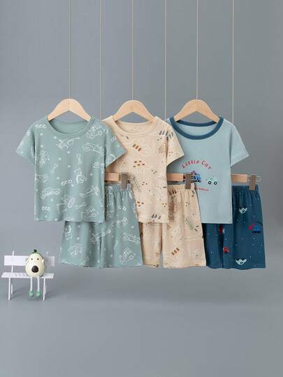 6pcs/Set Boys' Cartoon Dinosaur & Car Print Short Sleeve Shorts Pajama Set, Lightweight Home Clothes