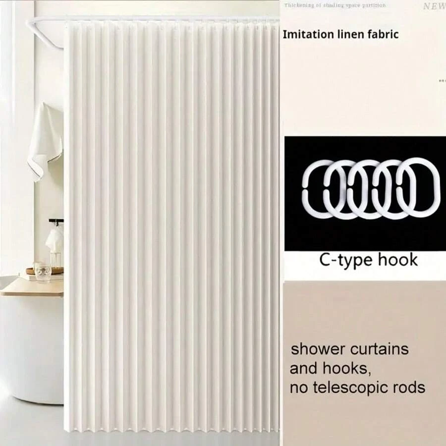 1pc Folding Shower Curtain, Beige Bathroom Curtain Waterproof Partition Curtain, Shower Divider, Thickened Waterproof Folding Curtain With Metal Grommets And 12 Solid Hooks - Beige - View 1