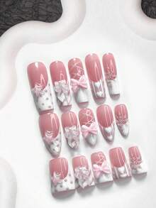 10件套浪漫秋冬主题美甲套装，包含白色、粉色混合蝴蝶结、粉色星星美甲贴、磨砂雪花、手绘白色爱心图案、粉色波点美甲贴、芭蕾舞风格浅粉色蝴蝶结、白色指甲油，附赠美甲工具（1个果冻贴+1个指甲锉），3种美甲形状：杏仁形、鸭嘴形、棺材形，适合通勤、派对、日常美甲，是送给女性和女孩的绝佳礼物。 - 彩色 - 查看 1