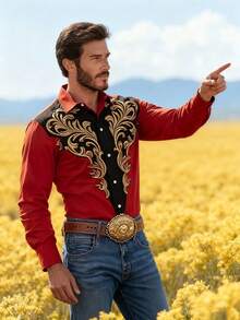 Men's Autumn Shirt, Fashionable 3D Print Long Sleeve Shirt, Red Printed Shirt - Red - View 3