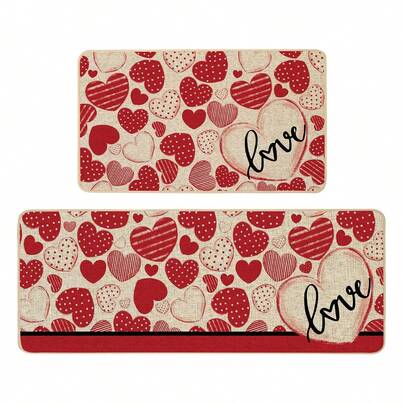 2 Pcs Valentine's Day Floor Mat Heart Letter Pattern Non Slip Indoor Rug For Bathroom Kitchen Entryway Living Room