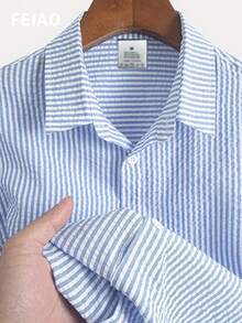 FEIAO Men's Vintage Coin Texture Striped Short Sleeve Shirt, Casual Versatile Style Suitable For All Seasons - Blue and White - View 5