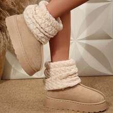 Short Knit Cuff Snow Boots Faux Furry Boot Upper Platform Sole Warm Lining Warm Boots Shoes Snow Boots Ankle Boots Outdoor Winter Boots For Women - Màu be - Xem 9
