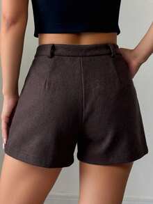 Women's Elegant Brown Fabric Bermuda Shorts With Pockets And Zipper, Casual & Fashionable, Straight Leg Non-Stretch - Coffee Brown - View 2