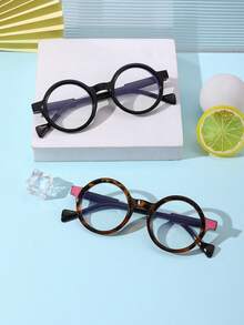 一套两副，男女童款（5-10岁）聚碳酸酯圆形镜框复古蓝光阻隔镜片，玳瑁色，适合办公阅读，带眼镜盒 - 彩色 - 查看 1