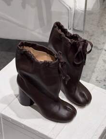 Cowhide Edition~Autumn/Winter New Wide Walled Laced Split Toe Pig Hoof Boots For Women, Real Leather Versatile Western Boots For Women - Màu nâu (một lớp) - Xem 3