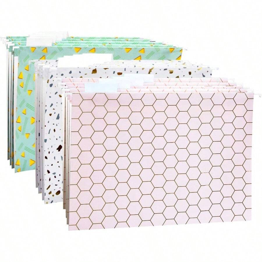 CharaVector Hanging File Folders for Filing Cabinet-Letter Size-with 1 5-Cut Adjustable Tabs 3 Colors Modern Flowers 12pcs Set-Assorted Unique Design Bright Beautiful Honeycomb - Panal - Ver 1