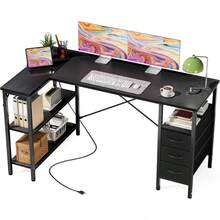 Sweetcrispy Escritorio en forma de L con estantes y cajones, escritorio de esquina blanco para computadora con salida de corriente, mesa de estudio con estantes ajustables, mesas de oficina en el hogar para dormitorio, maestro, lectura y escritura - Negro - Ver 11