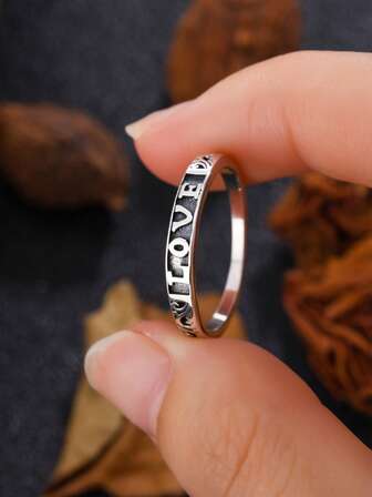 1枚925银“LOVE”字样刻字戒指，时尚花卉图案百搭戒圈，复古简约男女皆宜风格首饰，送给爱人、朋友、家人的礼物，适合日常佩戴、旅行、派对等场合，女士高级首饰