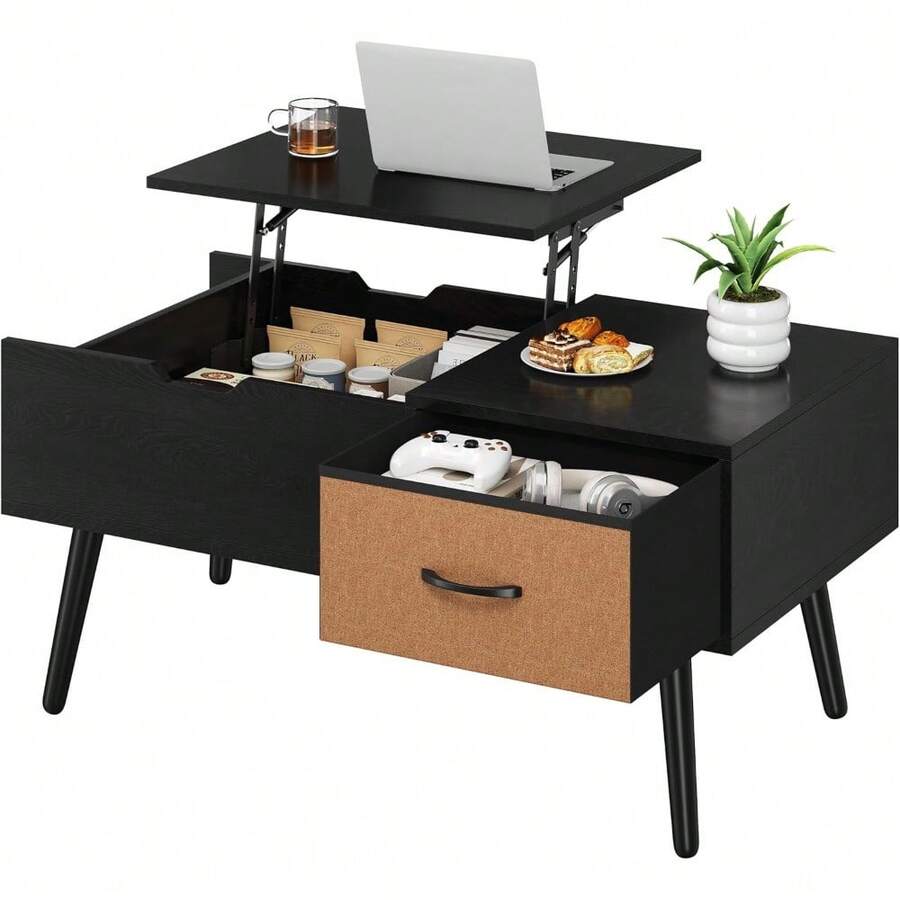 Coffee Table With Storage,39.5'' Lift Top Coffee Table,Hidden Storage Compartment,Foldable Drawer,Lift Tabletop Dining Center Table For Home Living Room Office,Black - 黑色 - 查看 1