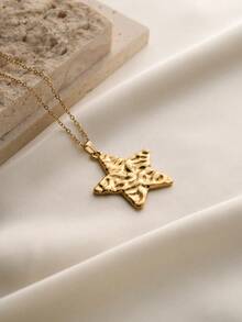 1 pieza Elegante collar con colgante de flor 3D, estrella martillada, lazo en forma de corazón, de acero inoxidable chapado en oro de 18K, cadena de clavícula hipoalergénica, adecuado para el uso diario de las mujeres, versátil y regalo para días festivos - Dorado - Ver 3