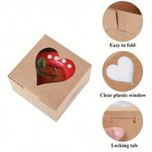 4个方形回形针式烘焙点心饼干盒，心形，适用于节日糕点、纸杯蛋糕、新年礼物、情人节礼物、糕点盒、蛋黄糕点蛋糕包装盒，心形窗口，奶牛卡片，白色卡片甜点盒