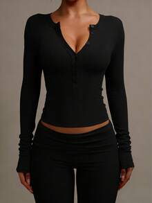 XLLAIS Women's Solid Color Long Sleeve Button Knit Elastic T-Shirt, Spring/Summer Casual Black - Black - View 1