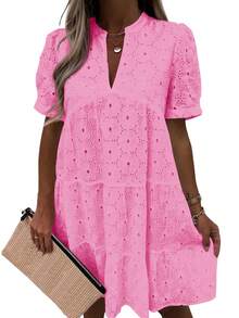 Womens Summer Lace Dresses Eyelet Casual Flowy Babydoll Swing Short Sleeve V Neck Tunic Dress - 玫紅色 - 查看 1