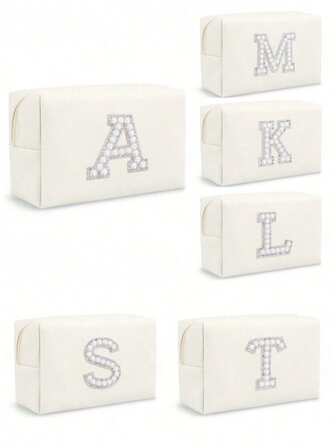 Åttkantig sminkväska för kvinnor, sminkväska i PU med bokstäver, bärbar sminkväska med chenille-bokstäver och dragkedja, vattentät rese-necessär i PU-läder med bokstavslapp, sminkväska med bokstäver i kombination (bokstäver A~Z), lämplig för höstens heminredning