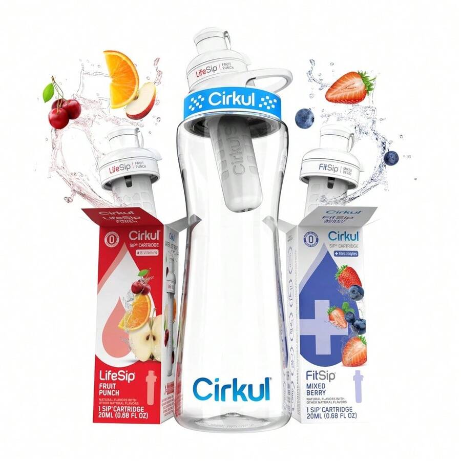 22oz.  Plastic Water Bottle Starter Kit With Blue Lid, 2 Flavor Cartridges (1 LifeSip Fruit Punch, 1 FitSip Mixed Berry) No Sugar, Zero Calorie Drink Mix
