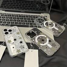 UE (DE et ES) Cette coque de téléphone à étoiles quadrillées pulvérisées à l'encre prend en charge la charge sans fil, est résistante aux chutes et a un toucher magnétique. Compatible avec iPhone 1 Pro Max/1 Air/16/15/14 Plus/13/12/11 et Galaxy A56/A55/A54/A36/A35/A26/A25/A16/A15/A06/S25 Ultra - Blanc antique - Voir 7